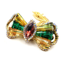 Load image into Gallery viewer, Jewelblings Vintage Style Golden Chain Tassel Green Champagne Rhinestone Bow Brooch Pin for Women Costume Sweater Jackets Coats Jeans Cloth
