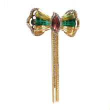 Load image into Gallery viewer, Jewelblings Vintage Style Golden Chain Tassel Green Champagne Rhinestone Bow Brooch Pin for Women Costume Sweater Jackets Coats Jeans Cloth
