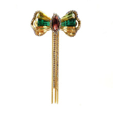 Load image into Gallery viewer, Jewelblings Vintage Style Golden Chain Tassel Green Champagne Rhinestone Bow Brooch Pin for Women Costume Sweater Jackets Coats Jeans Cloth
