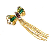 Load image into Gallery viewer, Jewelblings Vintage Style Golden Chain Tassel Green Champagne Rhinestone Bow Brooch Pin for Women Costume Sweater Jackets Coats Jeans Cloth
