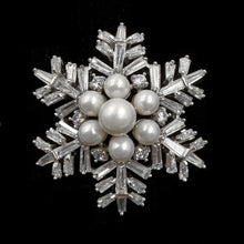 Load image into Gallery viewer, Jewelblings Winter Holiday Jewelry Buaguette Cut CZ Cluster Mother of Pearls Snowflake Brooch Snow Flower Pin or Women Coat Dressy Clothes
