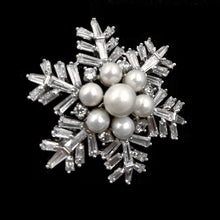 Load image into Gallery viewer, Jewelblings Winter Holiday Jewelry Buaguette Cut CZ Cluster Mother of Pearls Snowflake Brooch Snow Flower Pin or Women Coat Dressy Clothes
