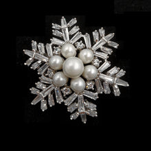 Load image into Gallery viewer, Jewelblings Winter Holiday Jewelry Buaguette Cut CZ Cluster Mother of Pearls Snowflake Brooch Snow Flower Pin or Women Coat Dressy Clothes
