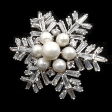 Load image into Gallery viewer, Jewelblings Winter Holiday Jewelry Buaguette Cut CZ Cluster Mother of Pearls Snowflake Brooch Snow Flower Pin or Women Coat Dressy Clothes
