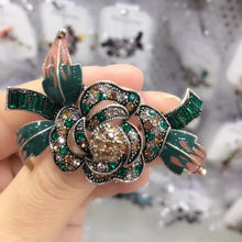 Load image into Gallery viewer, Jewelblings Edwardian Vintage Green Leaf Layered Petal Crystal Accent Oval Shaped Blossom Pink Rose Brooch Pins Mom Grandmother Gift Jewelry

